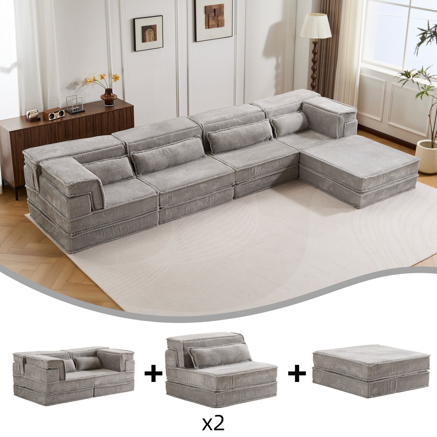 Compression Mahjong Sofa,Convertible Floor Sofa Bed,DIY Boneless Modular Sectional Sofa,No Assembly Required,Circle Fleece Fabric,Oversized 4 Seater With 1 Ottoman,Light-grey