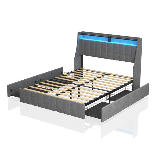 Estructura de Cama de Tamaño Completo con LED, 4 Cajones de Almacenamiento Portátiles Bajo la Cama, Diseño de Cabecero con Alas, Gris Claro