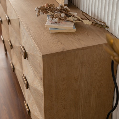 Cómoda de 9 cajones, Cómodas y cajoneras modernas, Soporte para TV, Cómoda de madera clara para dormitorio, sala de estar, pasillo