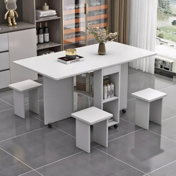 Juego de Mesa de Comedor Plegable con Hoja Caída para 4 Personas con 4 Sillas, Mesa de Comedor Plegable Ahorra Espacio con Almacenamiento y 6 Ruedas, 47.2 Pulgadas de Profundidad x 23.6 Pulgadas de Ancho x 30.3 Pulgadas de Altura, Blanco