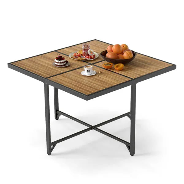 Mesa exterior de madera de acacia cuadrada de 43,5" - Estructura metálica en X, para 4 personas, Natural+Negro, capacidad de 180 lbs