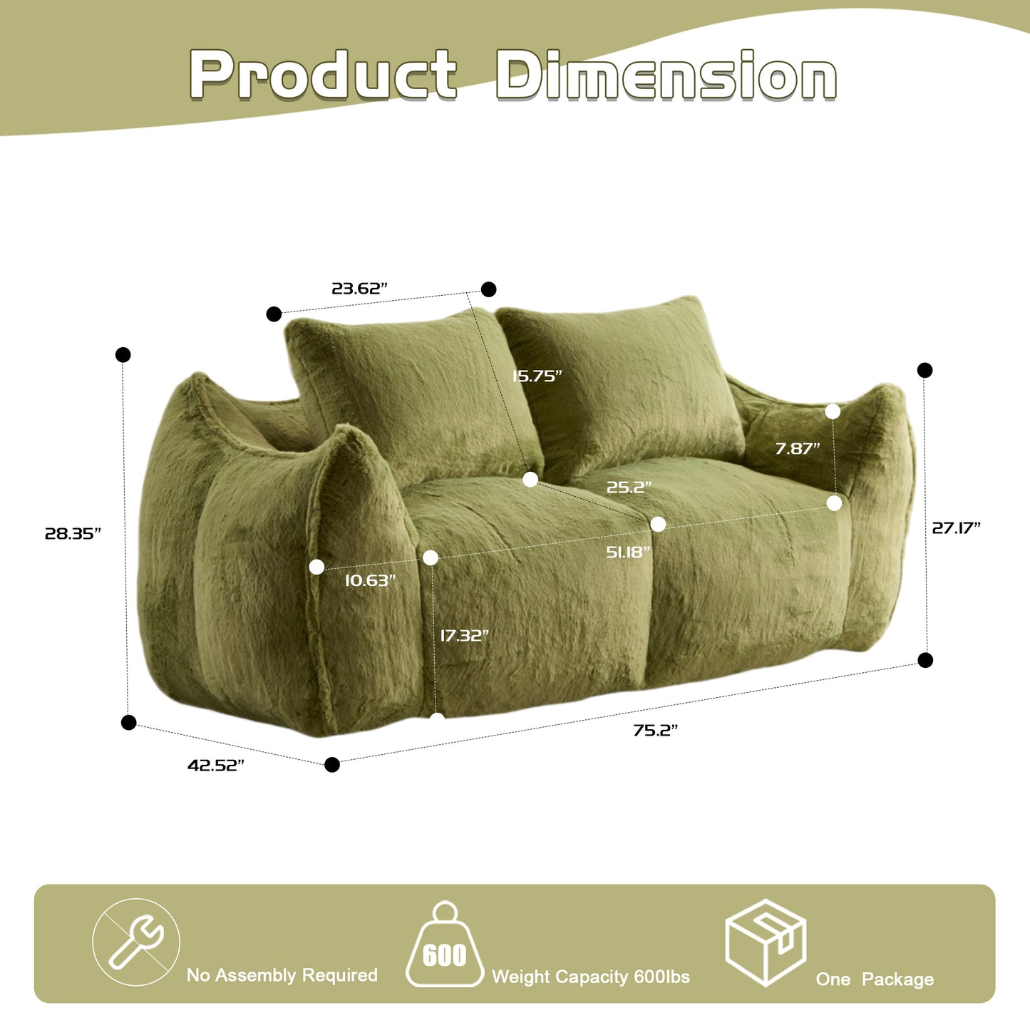 Giant Bean Bag Couch For Adults, Ultra Soft Fluffy Loveseat Bean Bag Sofa, Oversized Chase Lounge Chair Indoor For Living Room Bedroom, No Assembly Required Cozy Reading Chair With Pillows, Green