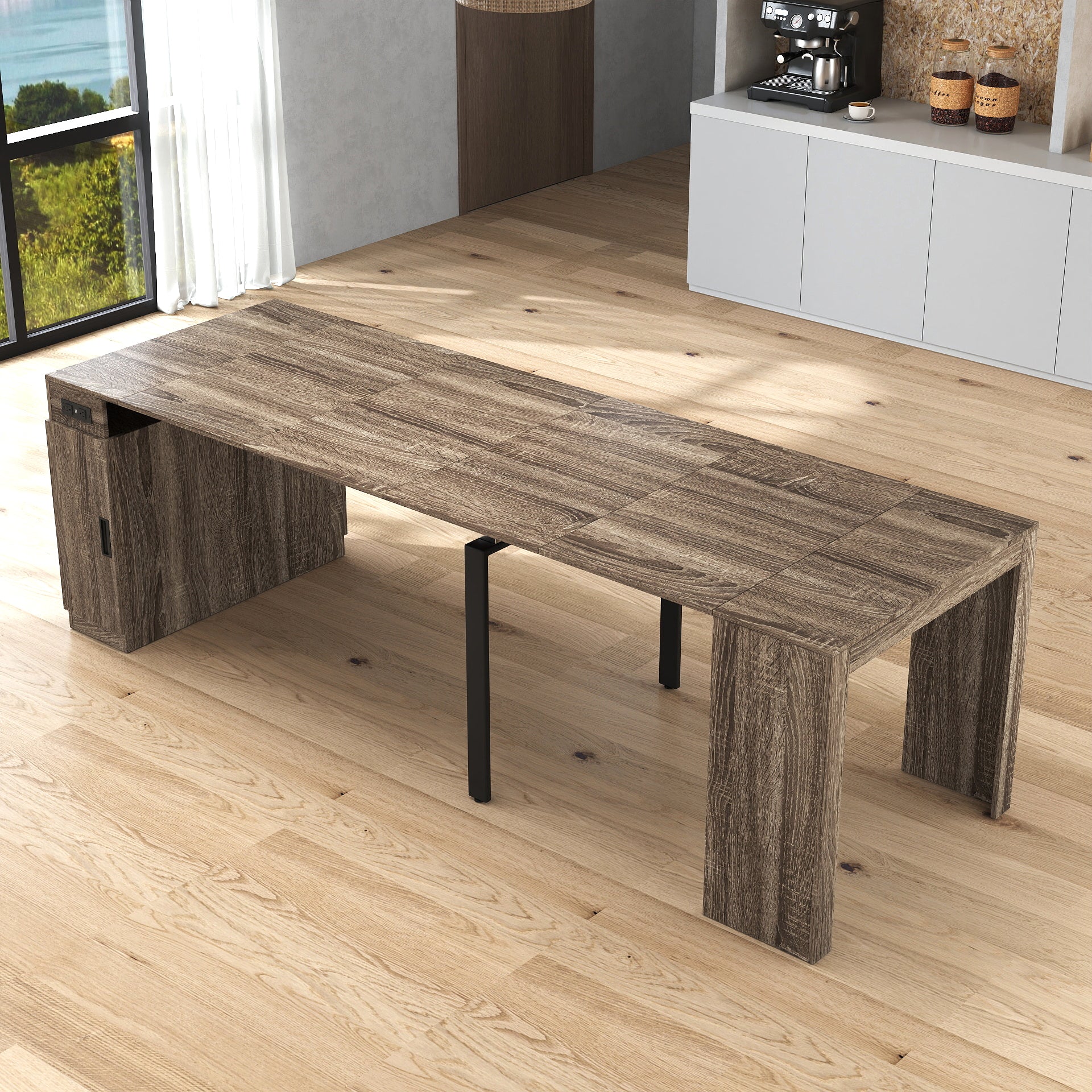 Mesa de Comedor Moderna Multifuncional Extensible con Toma de Corriente, Mesa Expandible Ahorraespacio con Almacenamiento para Fiestas, Bodas, Reuniones, Celebraciones