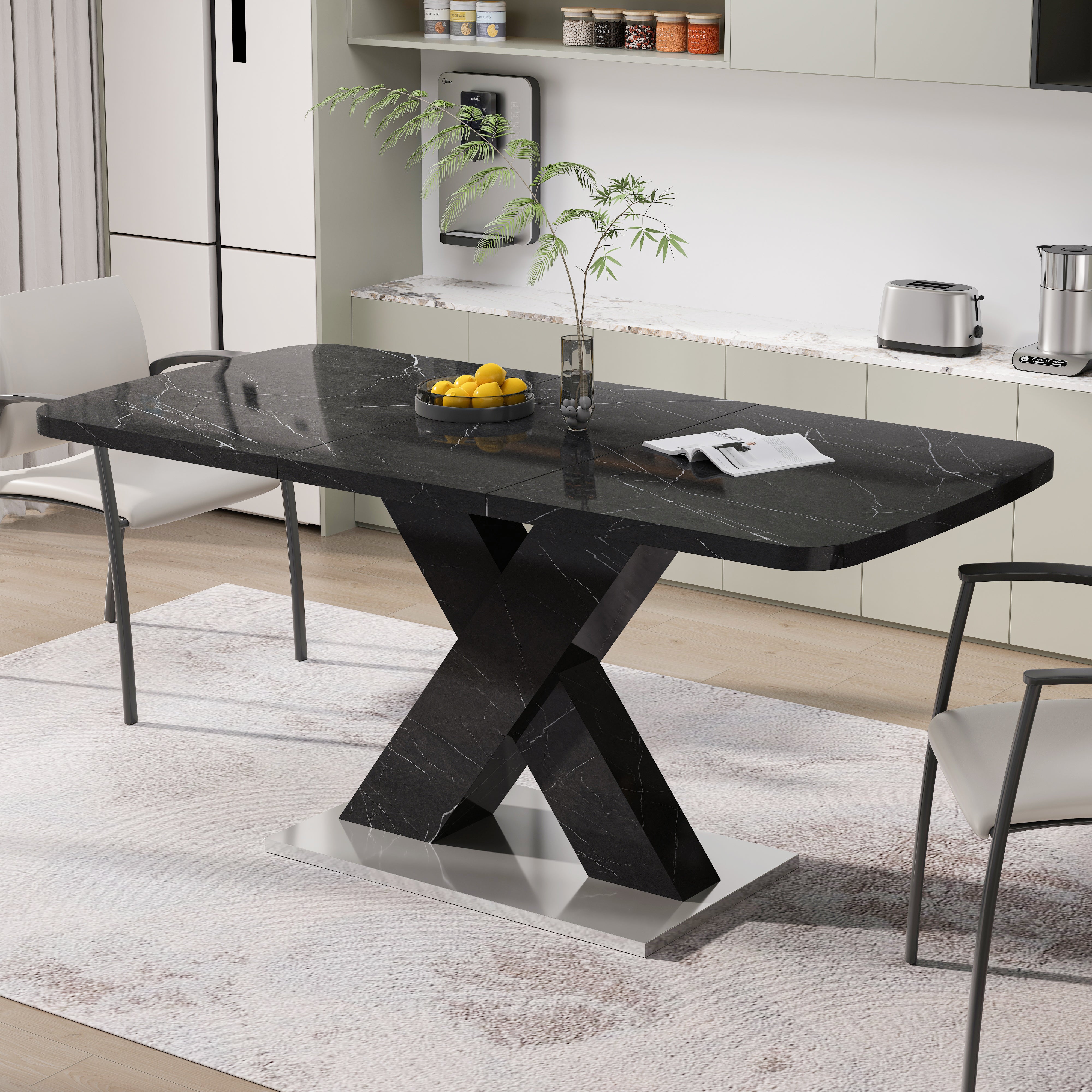 Mesa de Comedor Rectangular Moderna Extensible, Superficie de Mesa de Mármol Negro Impreso MDF con Patas en Forma de X y Base de Metal