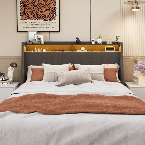 Estructura de Cama de Tamaño Completo con LED, 4 Cajones de Almacenamiento Portátiles Bajo la Cama, Diseño de Cabecero con Alas