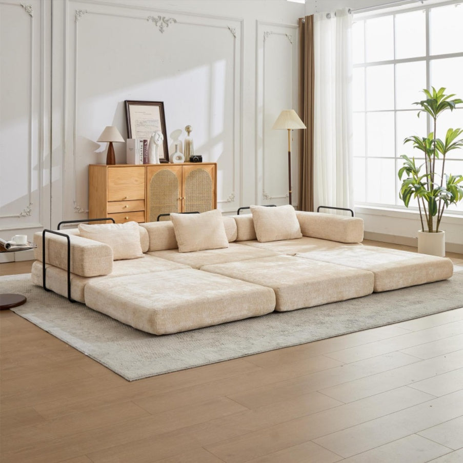 Sofá de Compresión, Sofá Cama Convertible para el Suelo con Marco de Forma Fija, Sofá Seccional Modular sin Huesos, Sin Ensamblaje Requerido, Tela de Chenille, para Sala de Estar y Dormitorio, Beige