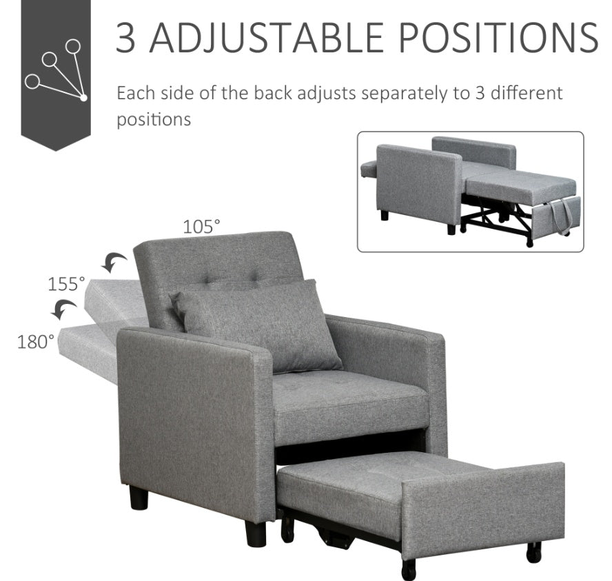 Cama de Silla Convertible Sofá Cama Gris Multi-Funcional Otomana Reclinable con Respaldo Ajustable