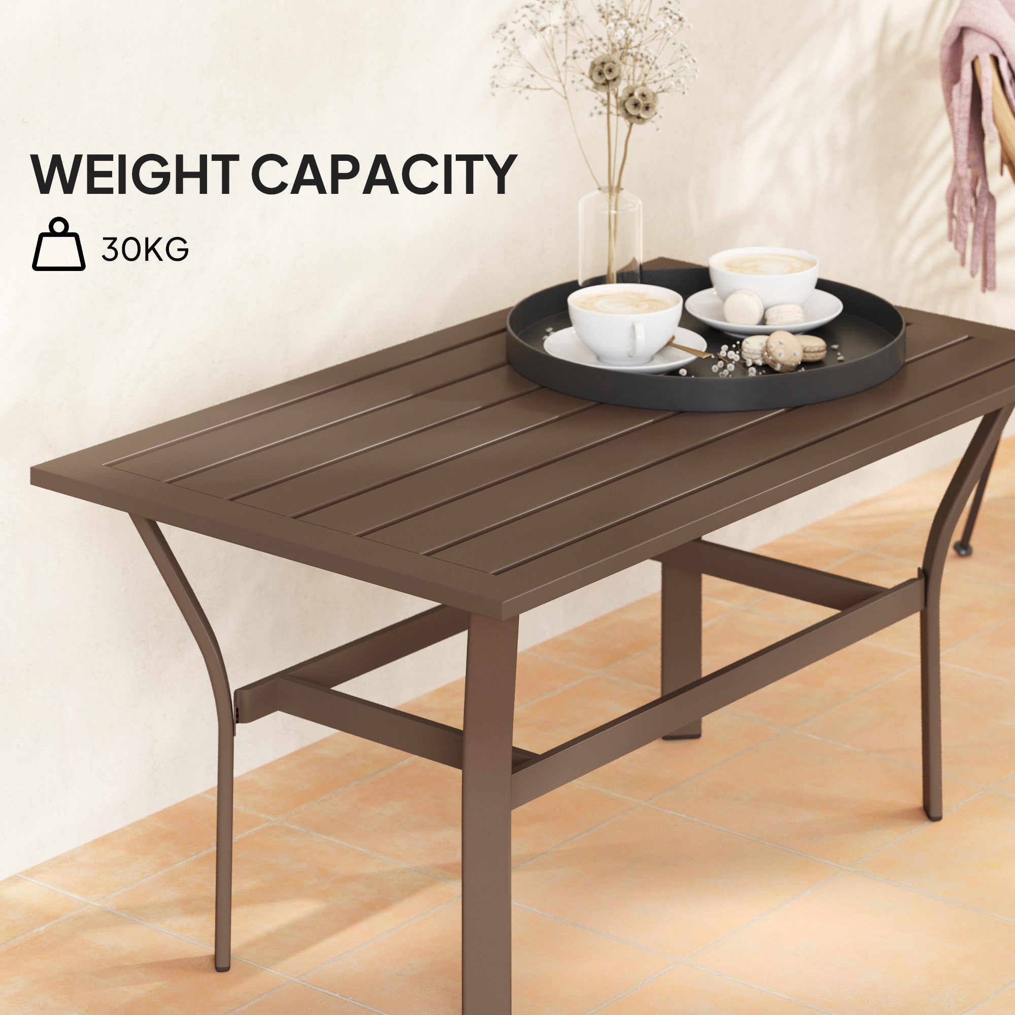 Mesa de Café Exterior con Superficie de Lamas, Mesa de Café Rectangular de Metal para Patio Todo Tiempo para Jardín, Marrón