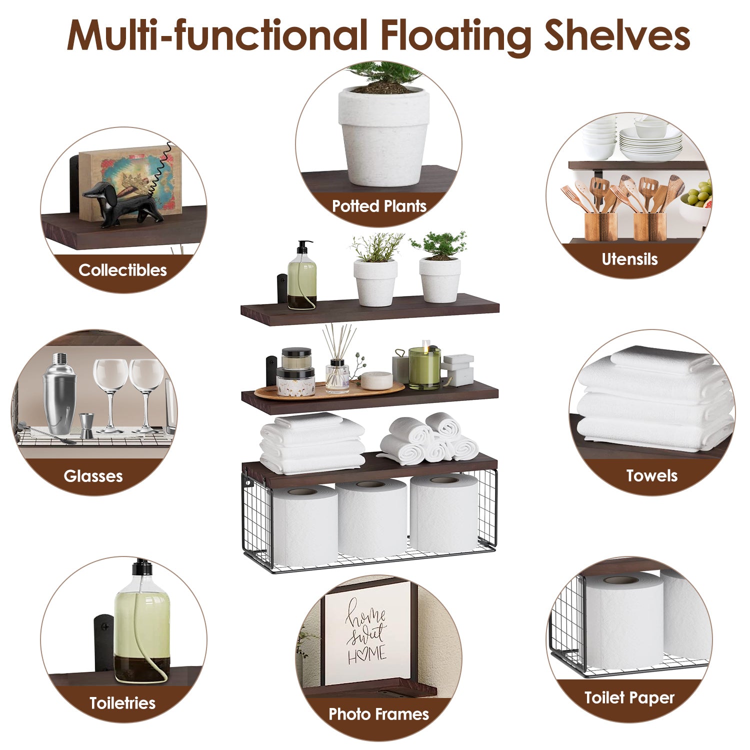 Estanterías Flotantes 2 en 1 Montadas en la Pared con Cesta de Almacenamiento Estanterías para Baño Estanterías sobre el Inodoro Estanterías de Madera para Dormitorio Sala de Estar Cocina Oficina Decoración de Pared para Plantas