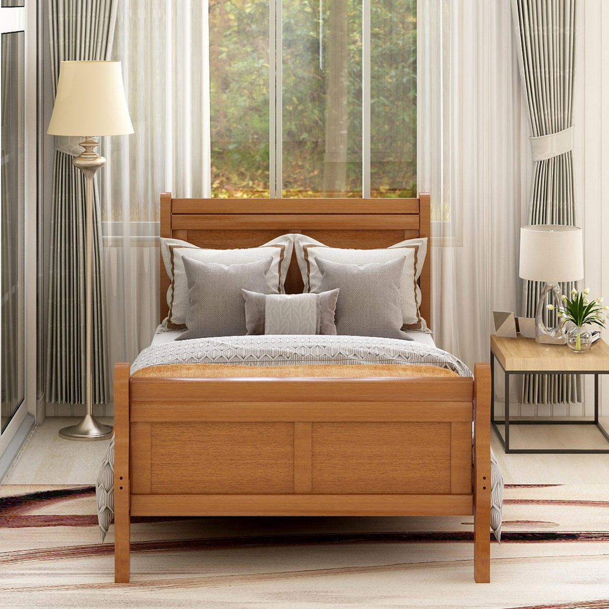 Holz-Plattform-Twin-Bettgestell, Schlitten-Design mit Kopf- und Fußteil, Holz-Latten
