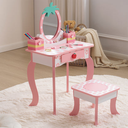 White MDF Spray-painted 1-drawer 2-desktop Storage Box Children's Dressing Table Set With Apple Print