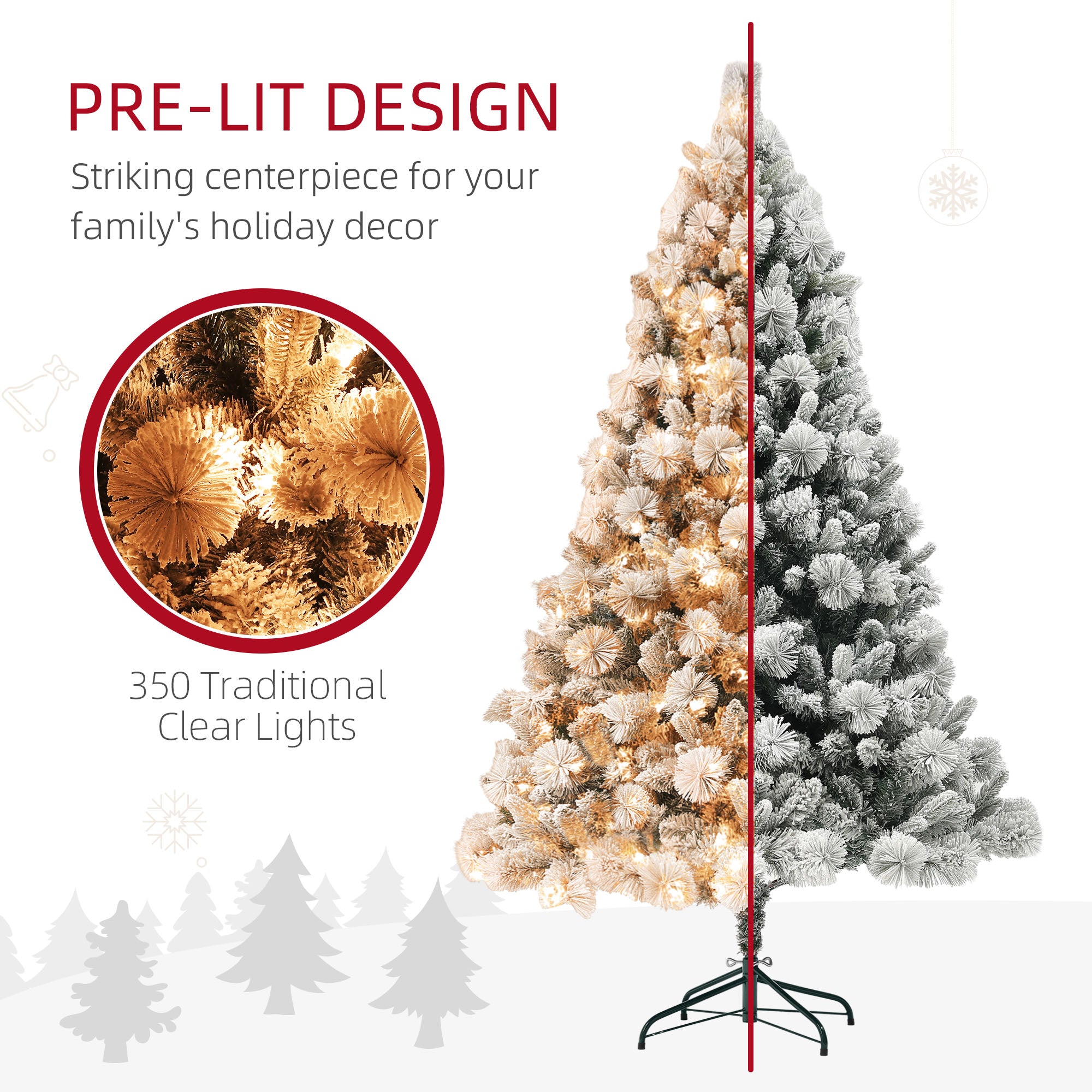 HOMCOM 2 m vorbeleuchteter künstlicher Weihnachtsbaum mit 350 klaren Lichtern und 1107 Ästen, schneebeflockter Weihnachtsbaum mit Metallständer, klappbarer Weihnachtsbaum für Zuhause, Büro und Feiertage, Grün