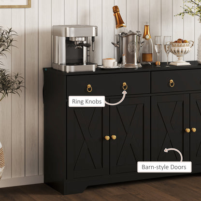 Kitchen Storage Sideboard, Farmhouse Buffet Cabinet With Barn Style Doors, Drawers, Adjustable Shelves, Black