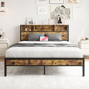 Estructura de Cama de Tamaño Completo con Cabecero de Almacenamiento, Cama Plataforma de Metal con Estación de Carga, Almacenamiento en Forma de Estantería, No Requiere Colchón de Muelles, Ensamblaje Fácil, Sin Ruido, Negro