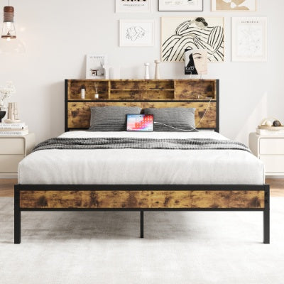 Estructura de Cama de Tamaño Completo con Cabecero de Almacenamiento, Cama Plataforma de Metal con Estación de Carga, Almacenamiento en Forma de Estantería, No Requiere Colchón de Muelles, Ensamblaje Fácil, Sin Ruido, Negro
