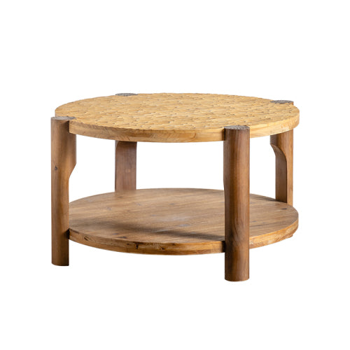 Mesa de Centro Redonda de Madera Maciza para Sala de Estar, Mesa de Centro Redonda de 2 Niveles con Estante de Almacenamiento, Mesa de Centro de Estilo Moderno de Mediados de Siglo, Espacio Pequeño en el Hogar, Ensamblaje Fácil