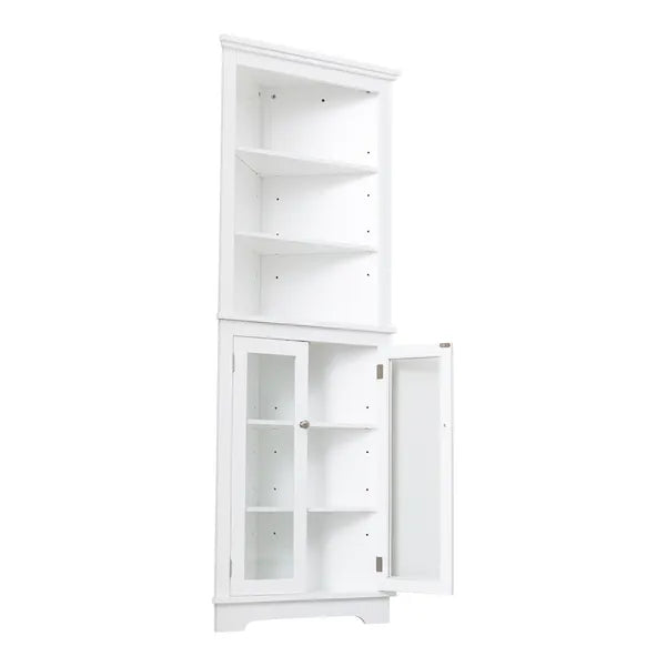 FRALIMK Matte White Tall Corner Storage Cabinet, Floor Storage Narrow Organizers With Double Glass Doors And Adjustable Shelves
