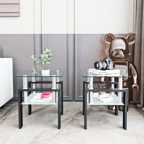 Juego de 2, Mesa de Té de Vidrio Templado Moderna, Mesa de Café, Mesa Auxiliar, Mesa Cuadrada para Sala de Estar, Transparente Negra