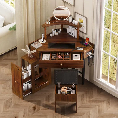 Corner Vanity Desk Set With Storage Cushioned Stool And Charging Station, Triangle Makeup Desk With Removable Pull-Out Side Cabinet, Glass Tabletop Makeup Vanity Desk With Drawer And Shelf, Walnut