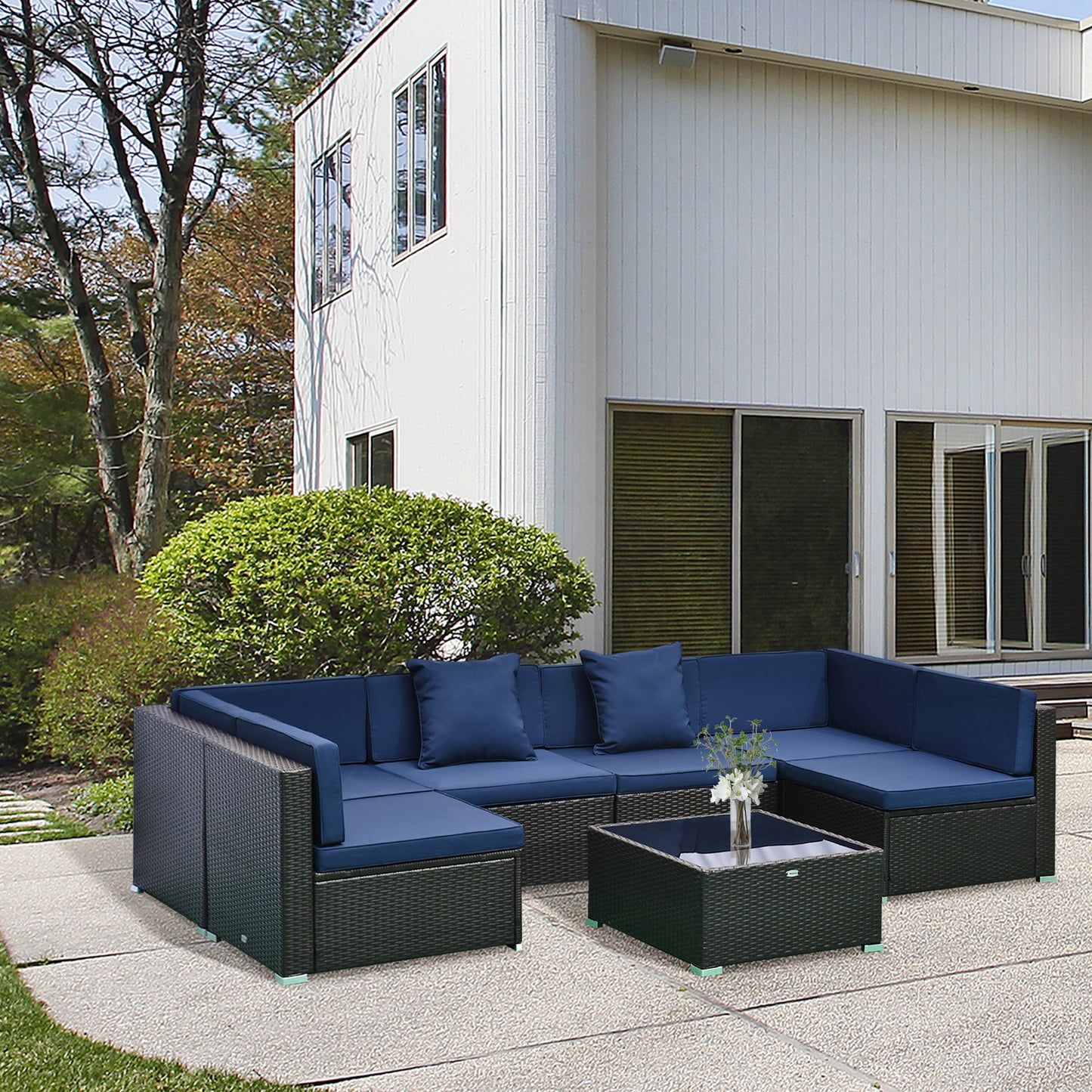 7-Piece Rattan Couch, Outdoor Patio Furniture Set, With Removable Cushions And Ottoman, Glass Coffee Table- Dark Coffee  Blue