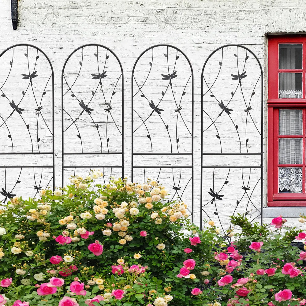 4 Pack Metal Garden Trellis 71" X 19.7" Rustproof Trellis For Climbing Plants Outdoor Flower Support Dragonfly Deco Black