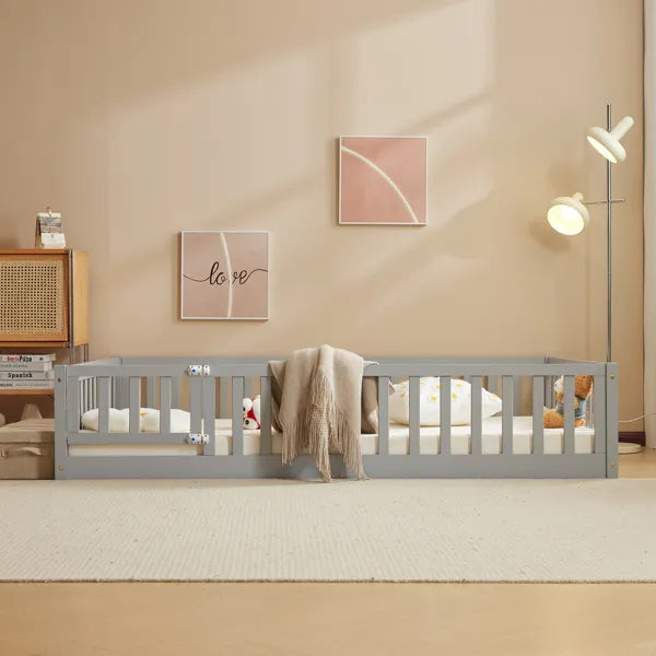 Gray Painted Pine Wood Playpen Bed With Door And Board, Full-size Children's Wooden Bed