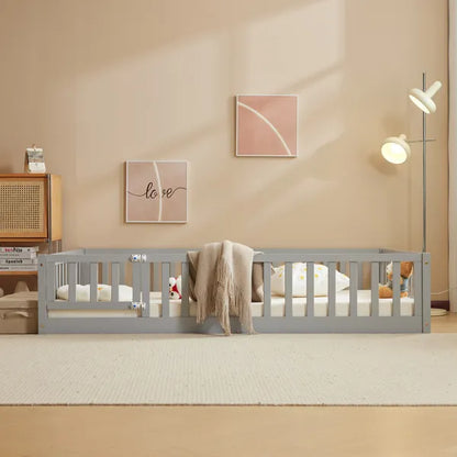 Gray Painted Pine Wood Playpen Bed With Door And Board, Full-size Children's Wooden Bed