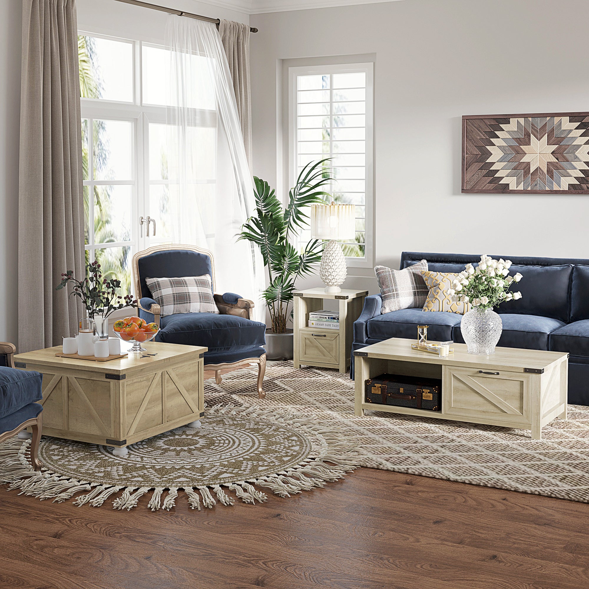 Rustic Wood Storage Table Oak Flip-Top Lids