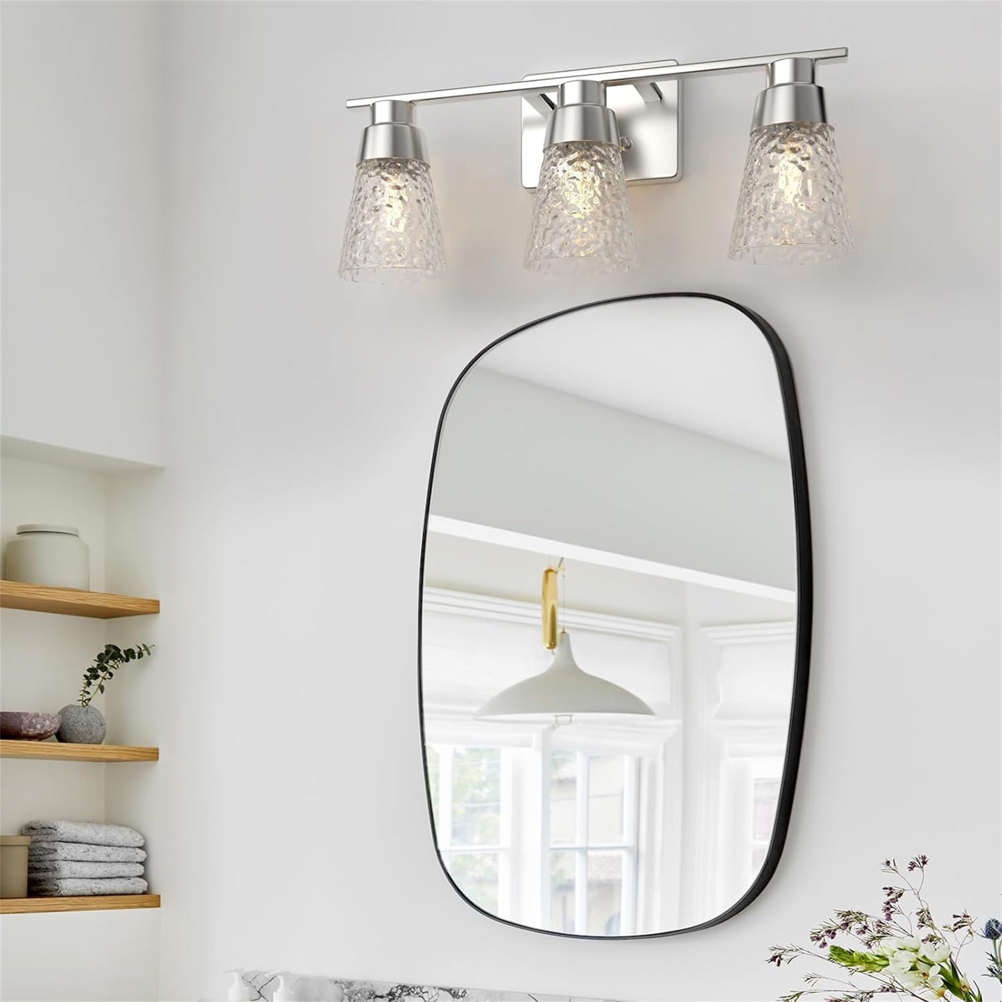 3 Light Brushed Nickel Bathroom Vanity Light Fixtures With Clear Hammered Glass Shade, 22 Inch Bathroom Lighting Fixtures Over Mirror, For Bathroom Shower Toilet