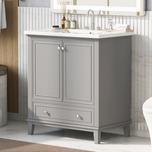 Lavabo de baño de 36 pulgadas con fregadero, un gabinete y tres cajones, madera maciza y tablero de MDF,