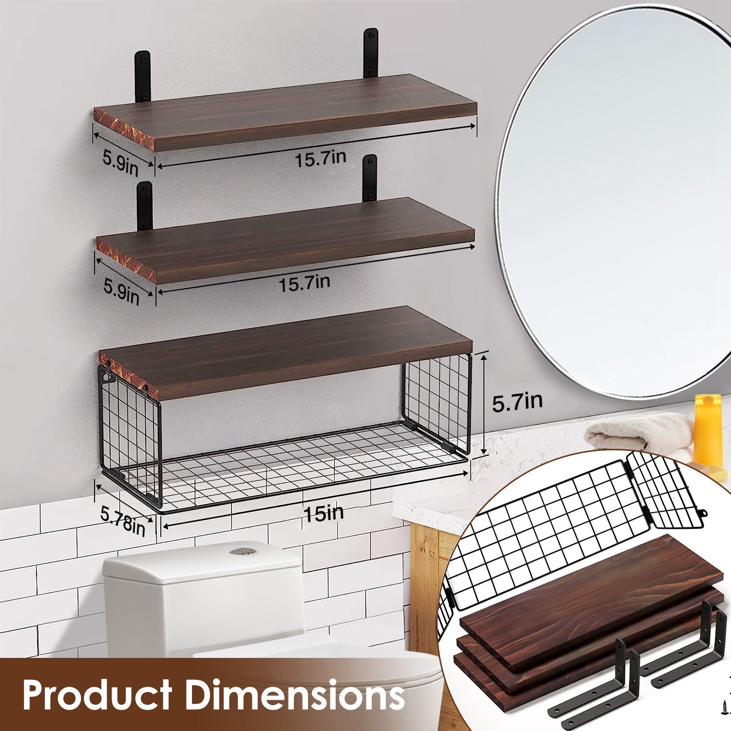 Estanterías Flotantes 2 en 1 Montadas en la Pared con Cesta de Almacenamiento Estanterías para Baño Estanterías sobre el Inodoro Estanterías de Madera para Dormitorio Sala de Estar Cocina Oficina Decoración de Pared para Plantas