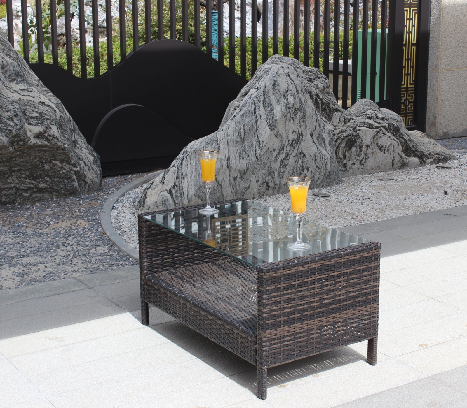 Brown Iron Coffee Table Tempered Glass Patio