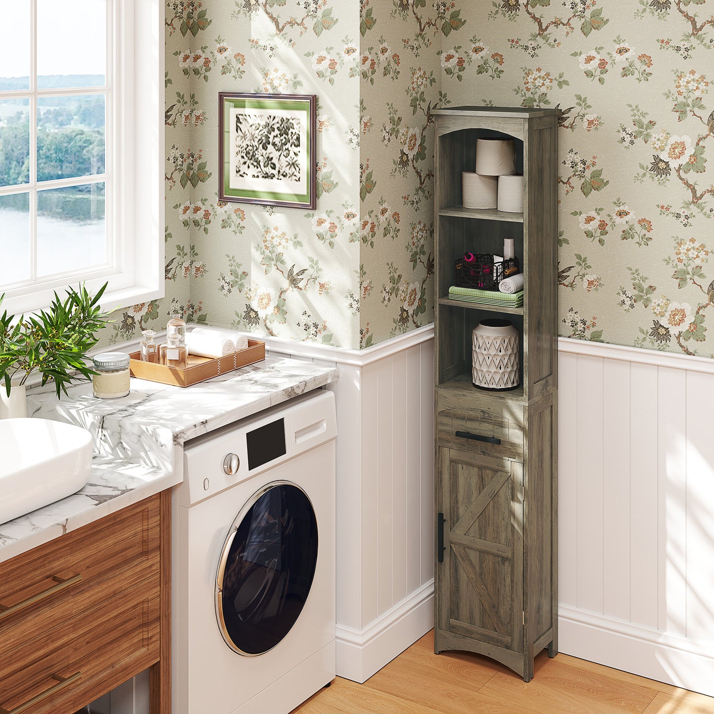 Farmhouse Tall Slim Bathroom Storage Cabinet with Recessed Drawer