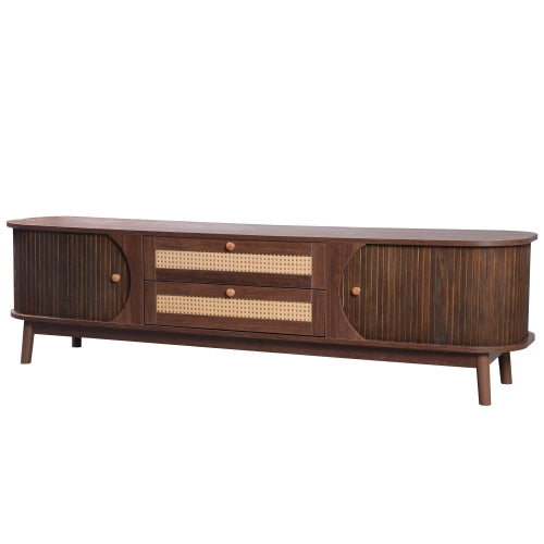 Mueble de TV de Ratán para TVs Hasta 75'', Consola de Medios Moderna Estilo Granja, Centro de Entretenimiento con Patas de Madera Maciza, Gabinete de TV para Sala de Estar, Cine en Casa