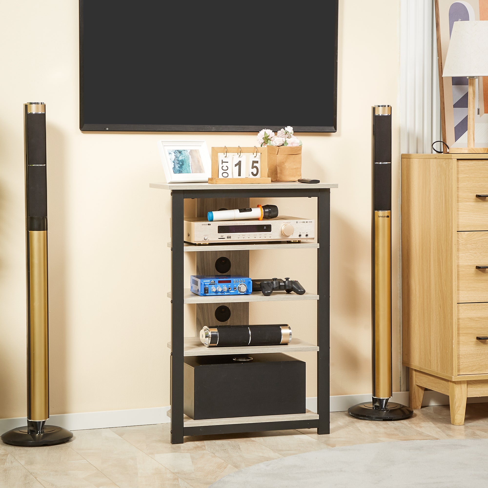 Soporte de Medios con Estantería de Audio de 4 Niveles Estante de Esquina para Medios AV con Gestión de Cables para Reproductores de DVD Consola de Juegos Cable de TV Router WiFi