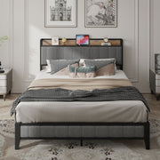 Bettgestell in Queensize mit Lade-Station, gepolstertem Kopfteil, Metallplattform, Grau