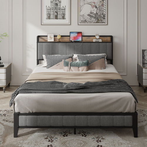 Bettgestell in Queensize mit Lade-Station, gepolstertem Kopfteil, Metallplattform, Grau
