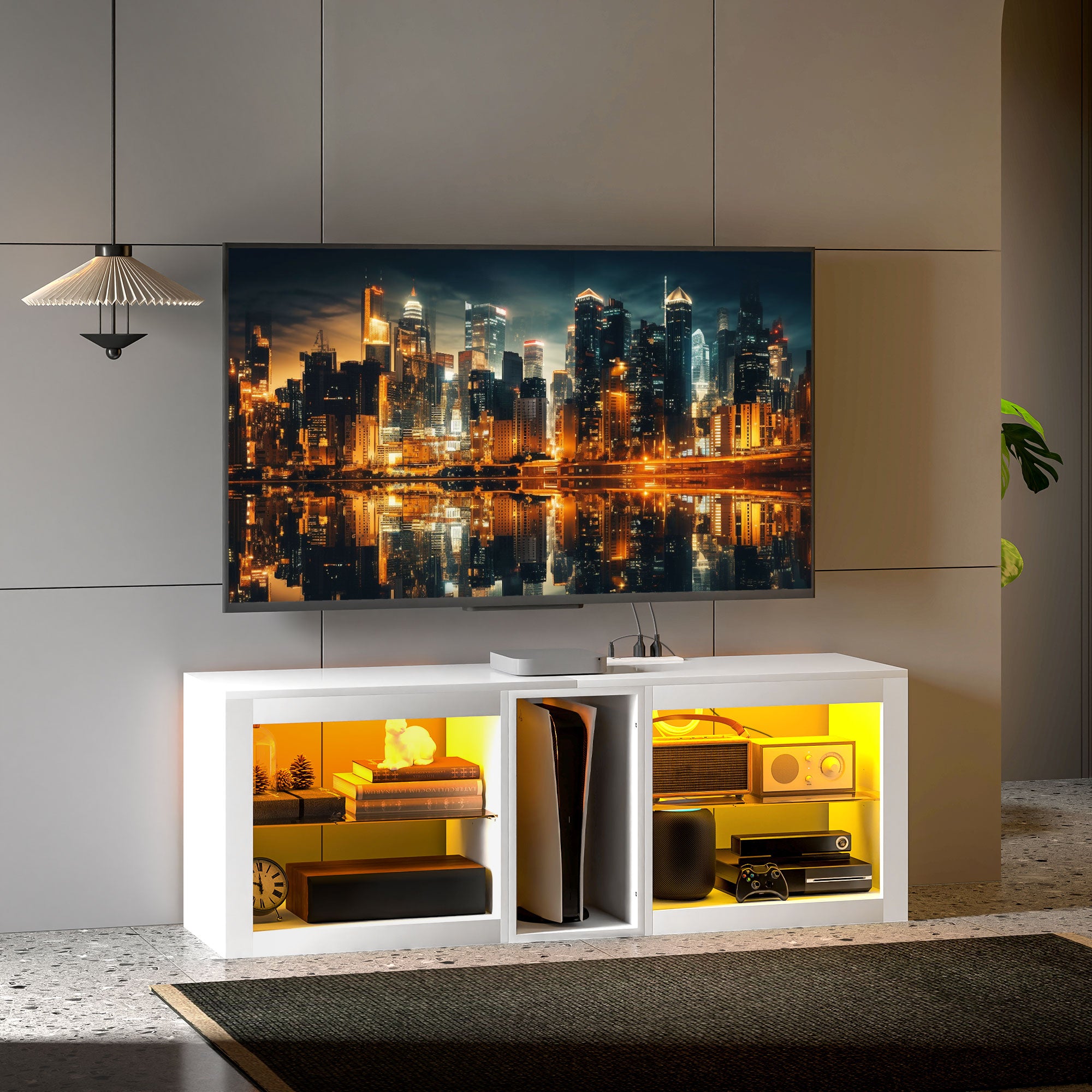 TV-Ständer Center für 55" mit LED-Lichtern und Stromsteckdosen TV-Fernsehschrank mit einstellbaren Regalen Hochglanz