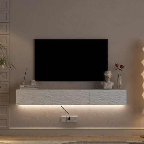 Wandmontiertes Schwebendes TV-Board mit 16-farbigen LEDs, Modernes TV-Board, Schwebendes TV-Schränkchen als Medienzentrum für 55-60-65-Zoll-Fernseher, Weiß