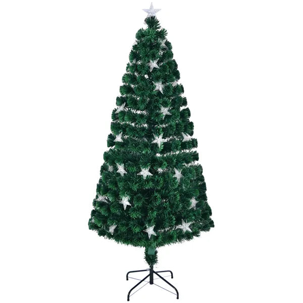 7FT Pre-lit Fiber Optic Christmas Tree With Large Stars, Artificial Xmas Tree Spruce Tree Green Tree With Metal Stand,Full Tree For Holiday Decoration
