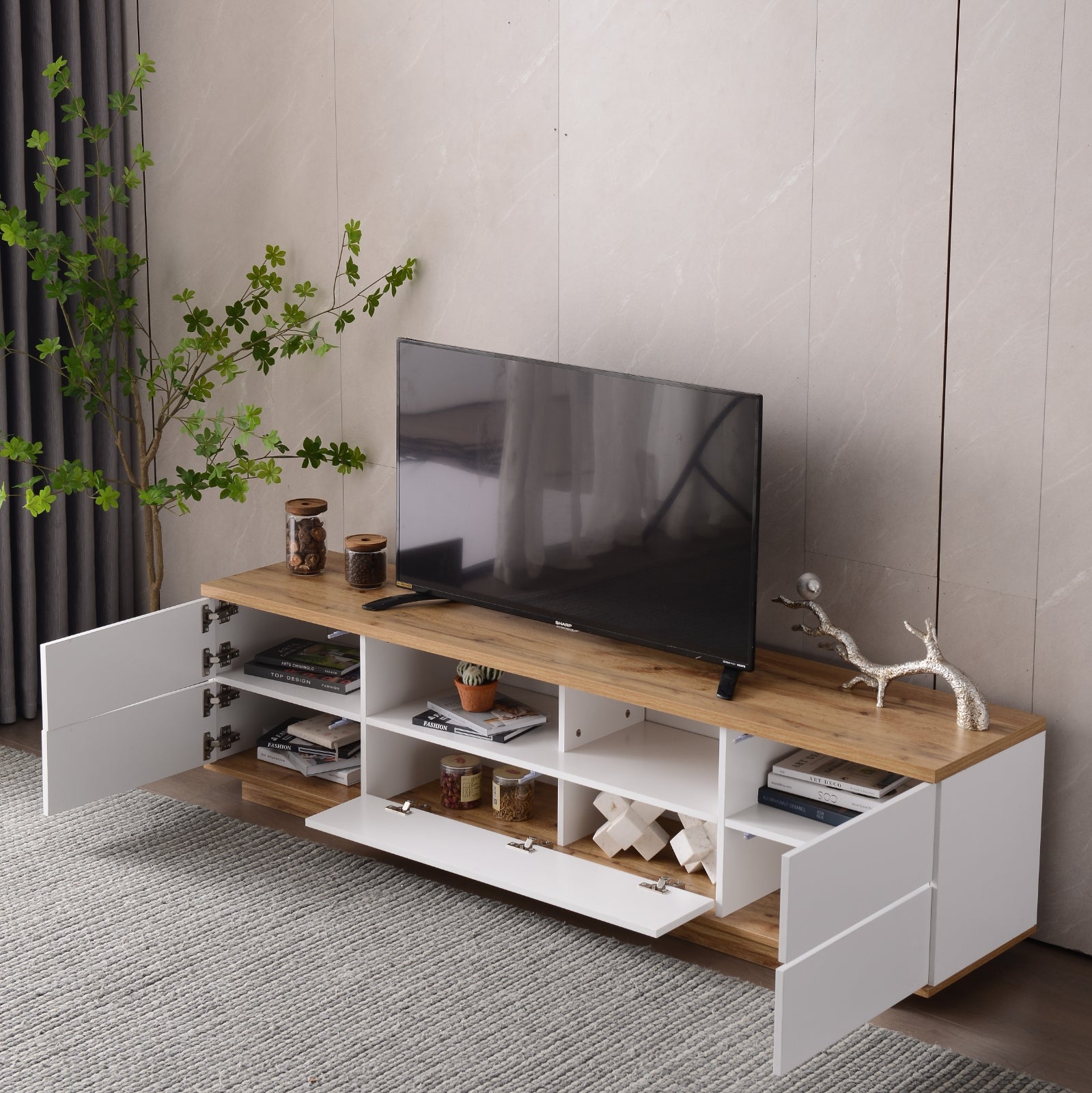 Mueble de TV Moderno para Televisores de Hasta 80'', Consola de Medios con Almacenamiento Multifuncional
