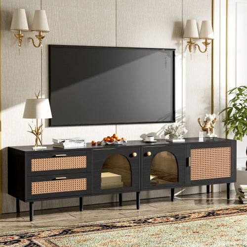 Mueble de TV de Ratán con 3 Armarios y 2 Cajones, Mesa de Consola para Medios Inspirada en Ratán para TVs Hasta 80'', Centro de Entretenimiento con Luces LED, Armario de TV para Sala de Estar, Dormitorio, Cine en Casa