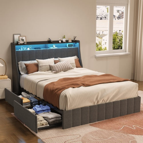 Estructura de Cama de Tamaño Completo con LED, 4 Cajones de Almacenamiento Portátiles Bajo la Cama, Diseño de Cabecero con Alas