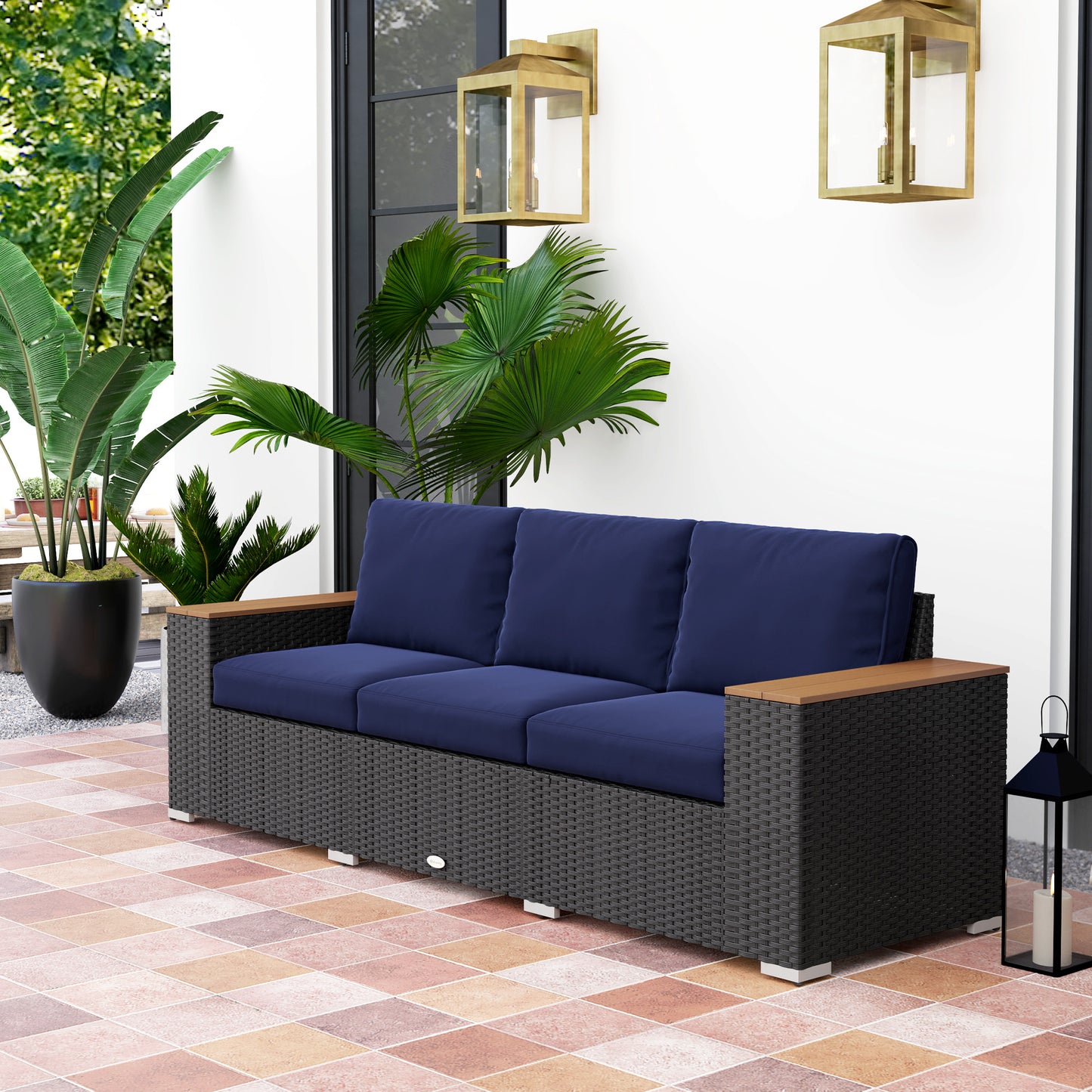 3-Seat Outdoor Patio Sofa With Cushions, PE Rattan Wicker Sofa With Wide Armrests, Outdoor Wicker Couch, Navy Blue