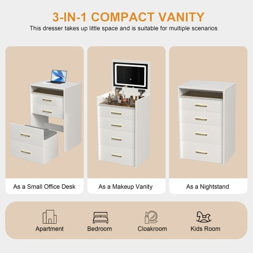 Escritorio de Tocador 3 en 1 con Espejo Abierto en la Parte Superior, Conjunto Pequeño de Tocador para Maquillaje con Escritorio de Vidrio Visible, Tocador Compacto para Maquillaje con 3 Cajones, Mesa de Vestir para Dormitorio