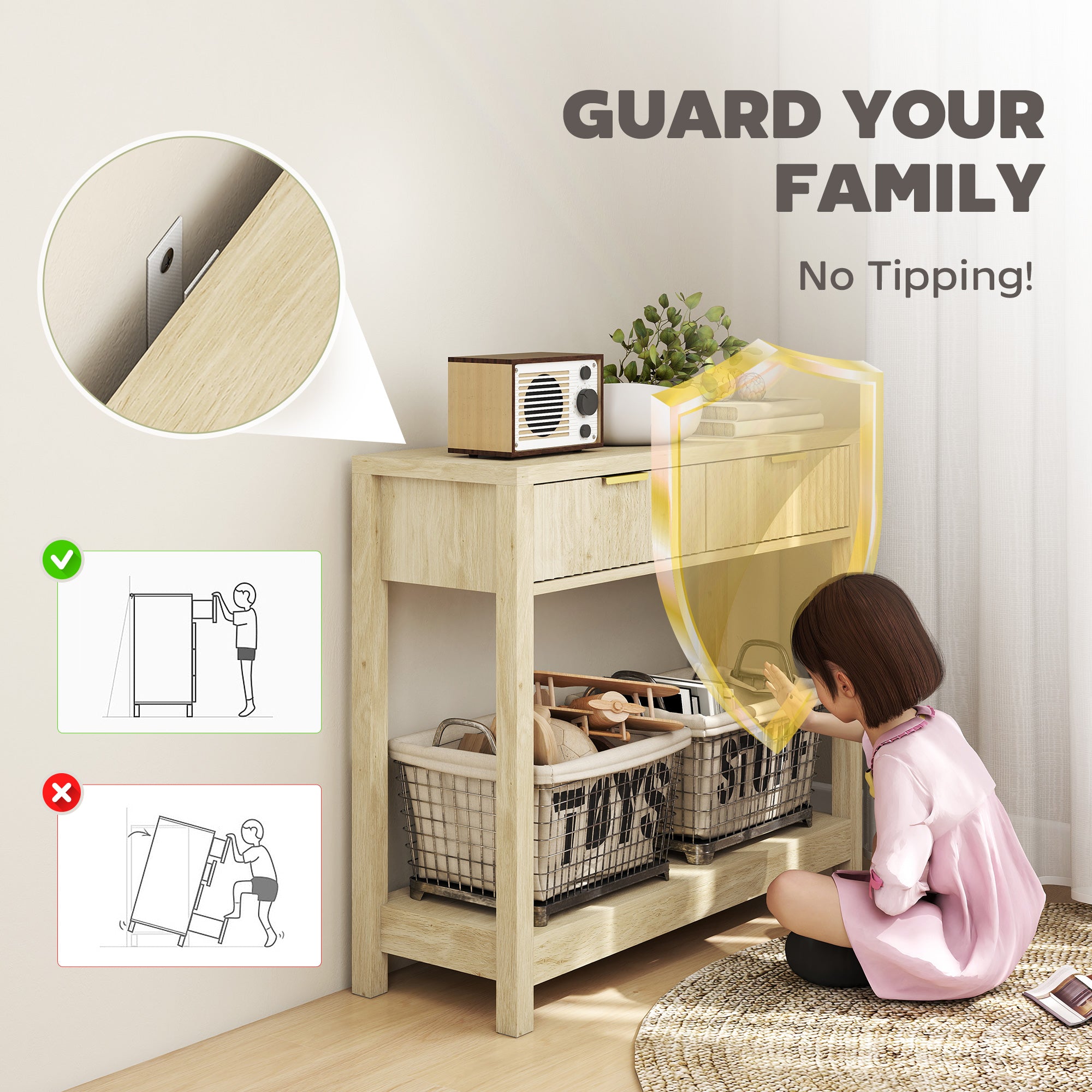 Mesa de Consola de 35" con Almacenamiento, Mesa Estrecha para Entrada con Cajones de Paneles Acanalados y Estante para Pasillo, Natural