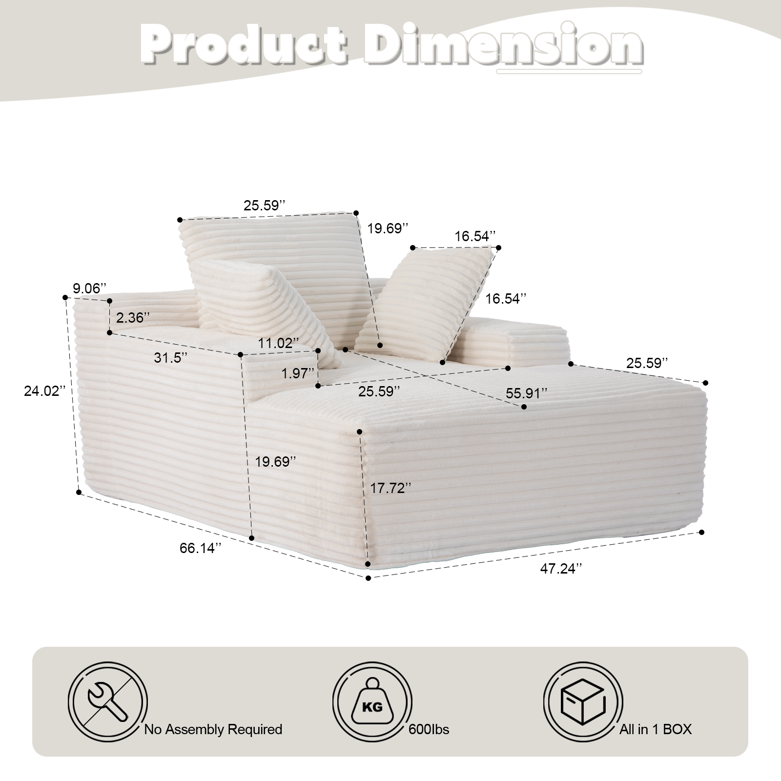 Silla Chaise Longue Sobredimensionada Sofá Nube Acogedor, Sofá Cama Abierto Moderno con Tapicería de Terciopelo Acanalado Mullido con 3 Cojines Decorativos y Reposabrazos Anchos para Sala de Estar, Sin Ensamblaje Requerido, Blanco