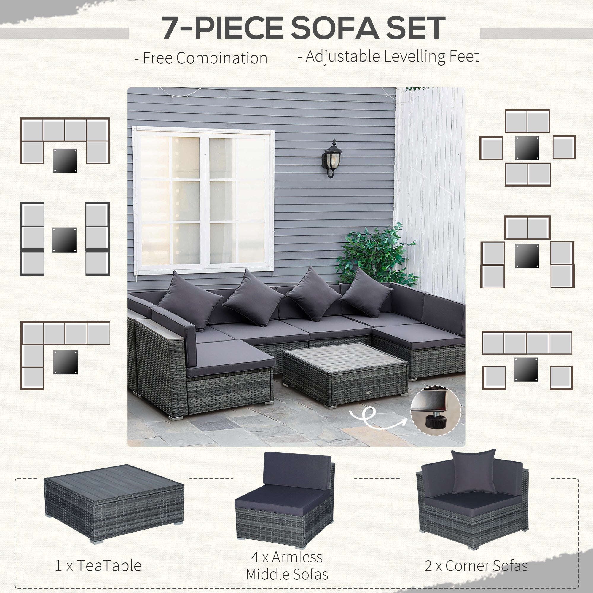 Conjuntos de Muebles de Patio de 7 Piezas Sofá Seccional de Ratán PE Conjunto de Conversación al Aire Libre con Mesa de Centro de Tapa de Acacia y Cojines para Jardín, Patio Trasero, Gris