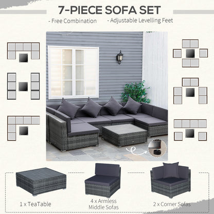 7-Piece Patio Furniture Sets PE Rattan Sectional Sofa Set Outdoor Conversation Set w/Acacia Top Coffee Table & Cushion for Garden, Backyard, Grey
