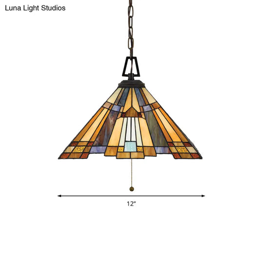 8"/12"/16" Wide Tapered Tiffany Stained Glass Pendant Lamp with Amber Bulb for Bedroom